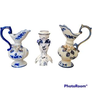 Vintage LEGO Porcelain Decorative set of two pitchers and a candle stick holder